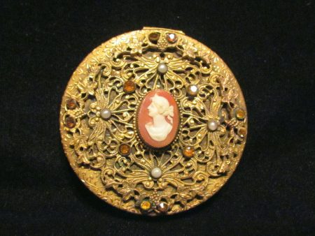 1800 s French Cameo Gold Filigree Amber Jeweled Pearl Powder Mirror Compact Rare Online Sale