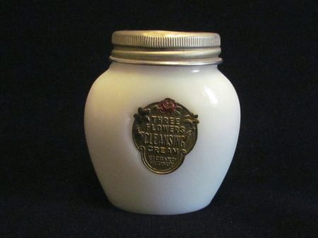 Three Flowers Cleansing Cream Jar Milk Glass Bottle Gold Foil Label Litho Lid 1920 s Richard Hudnut Supply