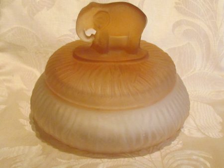 1940s Elephant Powder Jar Art Deco Powder Box Peach Satin Depression Glass Unused Powder Puff For Discount