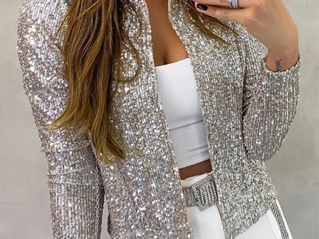 2023 Fashion Sequin Jackets Women Glitter Long Sleeve Short Coats Elegant Spring Outwear Office Ladies Solid  Streetwear Discount